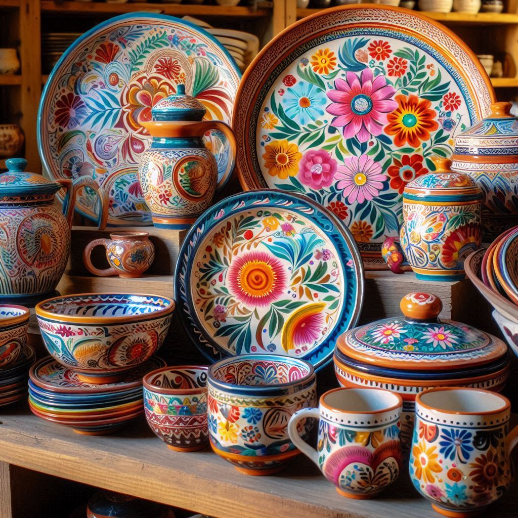 Platos de cerámica, decorados con flores coloridas que desatacan los trazos precisos del artesano.